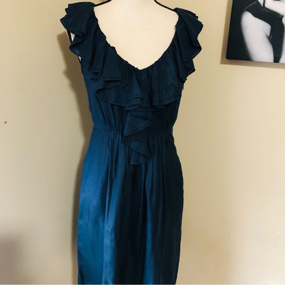 J. Crew Silk Navy Ruffled Dress Knee Length